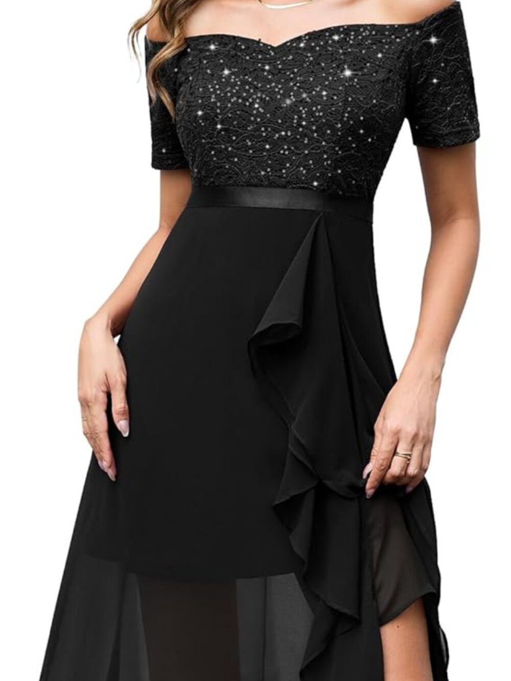 Black Off-the-Shoulder Sequin Midi Dress by BeryLove, XLarge, Prom, Wedding